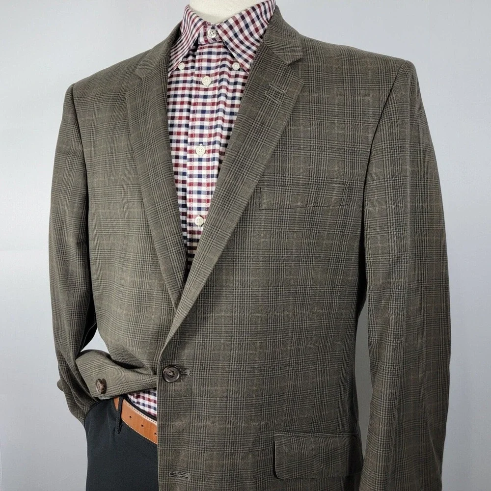 Haggar Mens Sport Coat Blazer Two Button Brown Plaid Cotton Poly Rayon Blend 44L